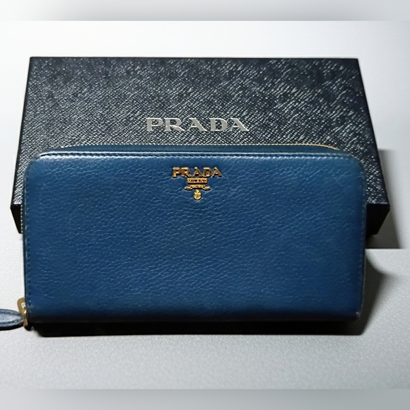 Prada Handbags - PRADA Saffiano Blue Leather Zip Around Wallet. With Box & AUTHENTICITY Card!